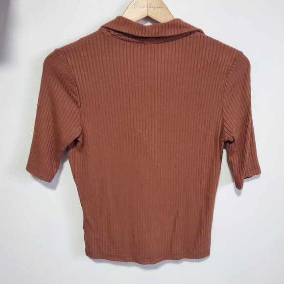 REFORMATION Thomas Knit Top Shirt Ribbed Collared V-Neck Chestnut Women's Small - Picture 8 of 14